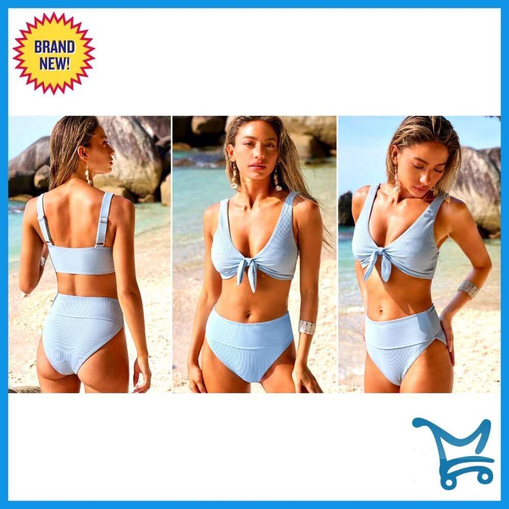 High Waisted Ribbed Bikini Set Adjustable Straps Tummy Control Slim Fit Summer - Picture 7 of 7